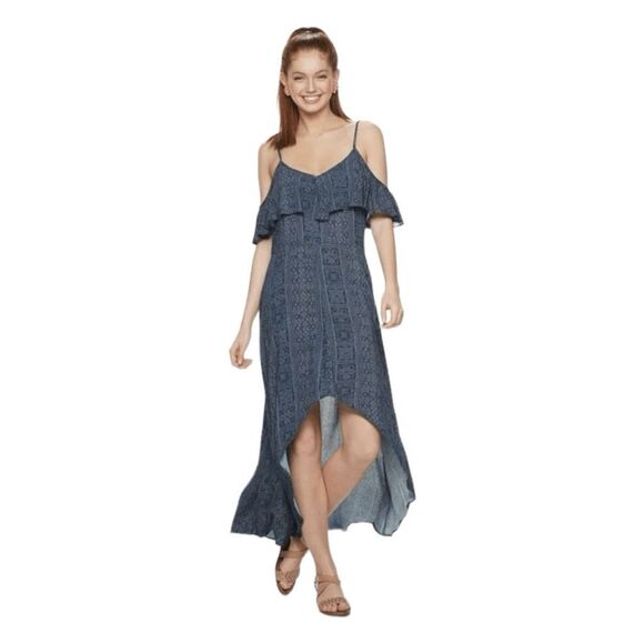 Rewind Ruffle Cold Shoulder Maxi Dress Blue White Bandana Print S - Picture 1 of 9
